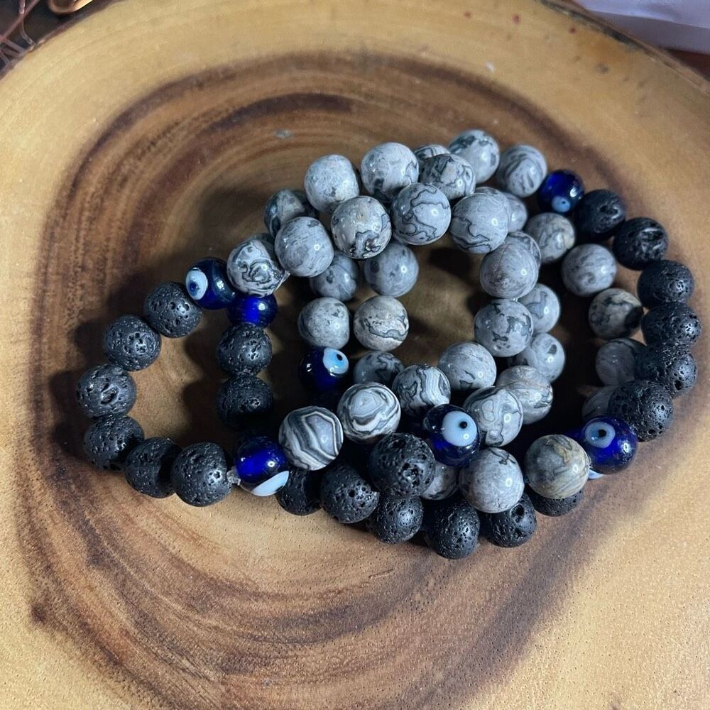 Picasso jasper lava evil eye 10mm stretch bracelet beaded bracelet 7” stretch cr